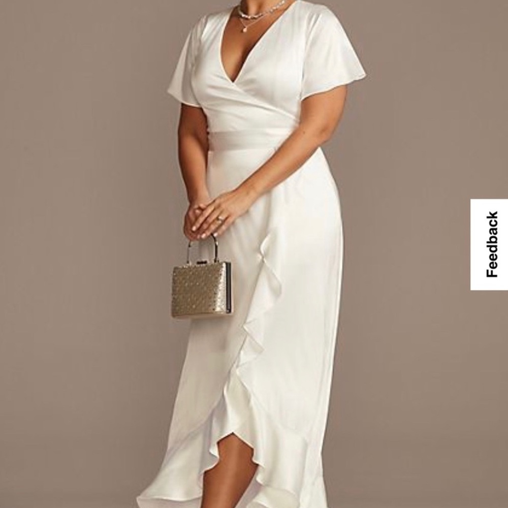 White satin wrap dress with flutter sleeves, wedding or bridal shower. Worn once